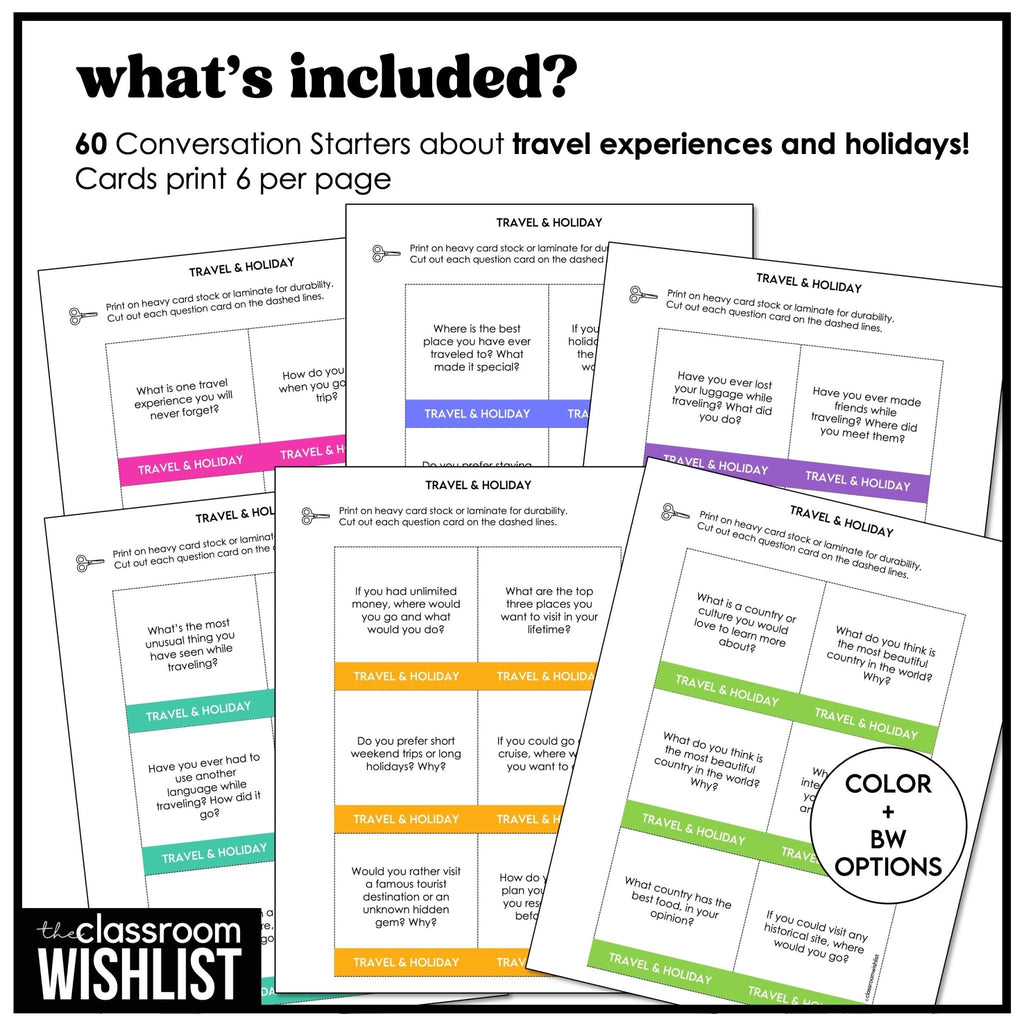 Travel & Holidays Conversation Cards | 60 ESL Discussion Questions Grades 6 - 12 - Hot Chocolate Teachables