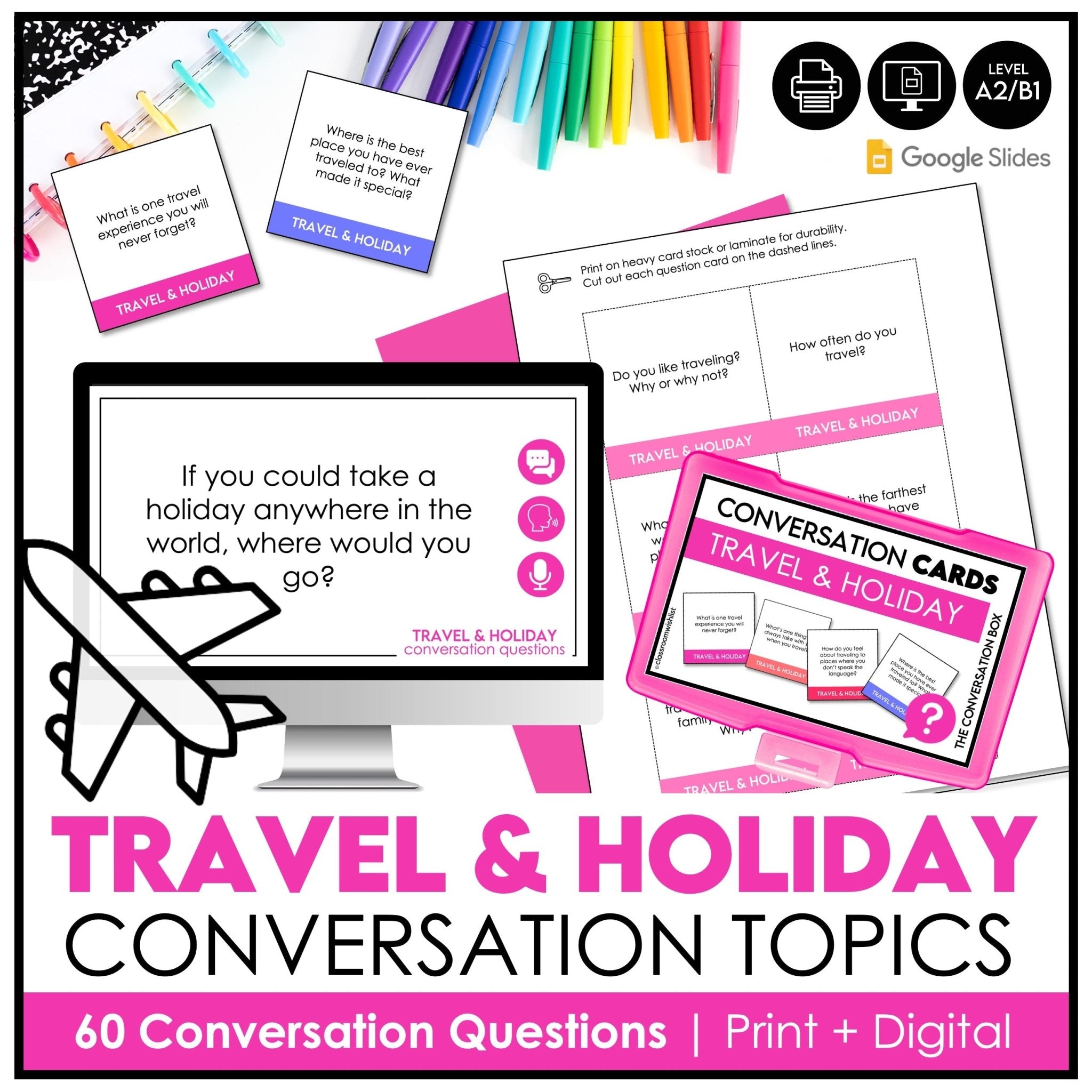 Travel & Holidays Conversation Cards | 60 ESL Discussion Questions Grades 8 - 12 - Hot Chocolate Teachables