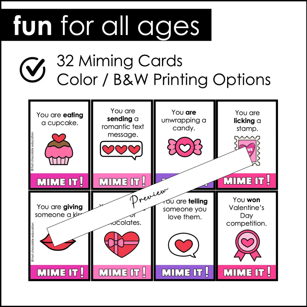 Valentine's Day Action Verb Charades : Present Continuous Miming Cards - Hot Chocolate Teachables