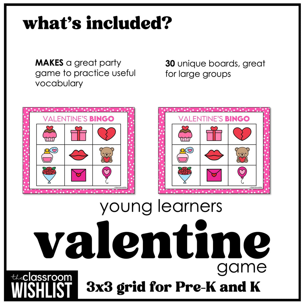 Valentine's Day Bingo Game for Preschool and Kindergarten - Easy Vocabulary - Hot Chocolate Teachables