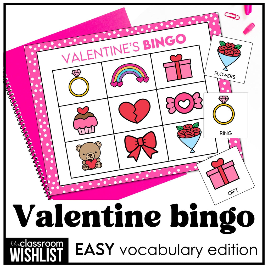 Valentine's Day Bingo Game for Preschool and Kindergarten - Easy Vocabulary - Hot Chocolate Teachables