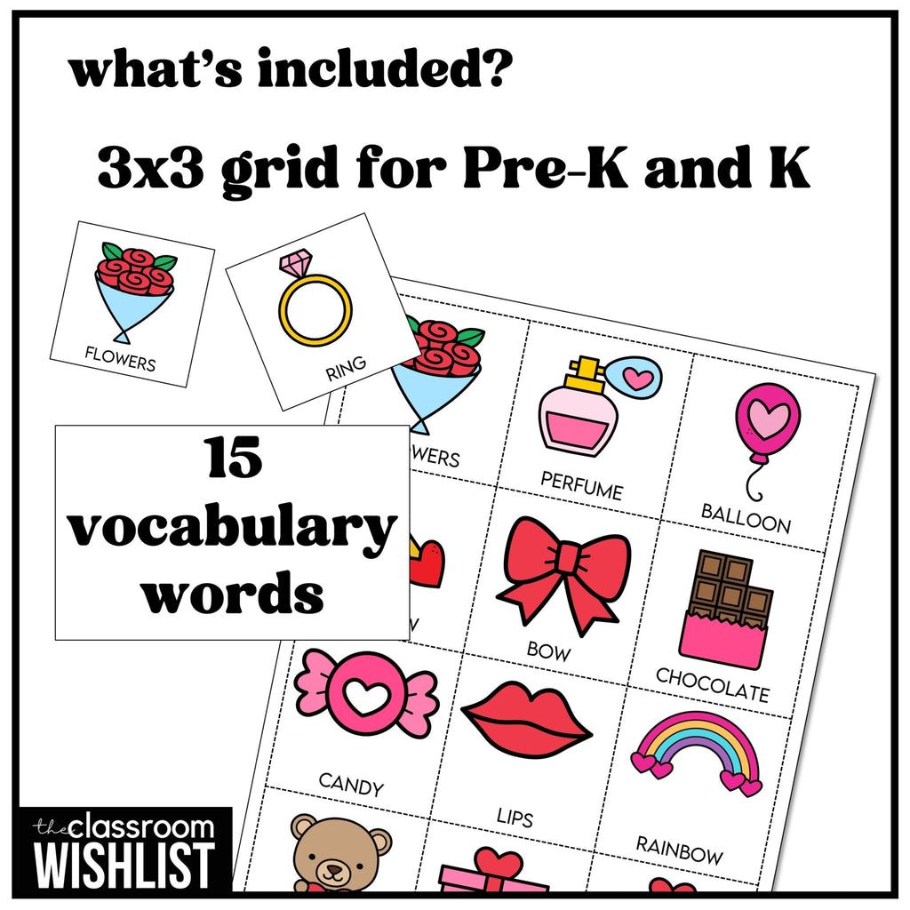 Valentine's Day Bingo Game for Preschool and Kindergarten - Easy Vocabulary - Hot Chocolate Teachables