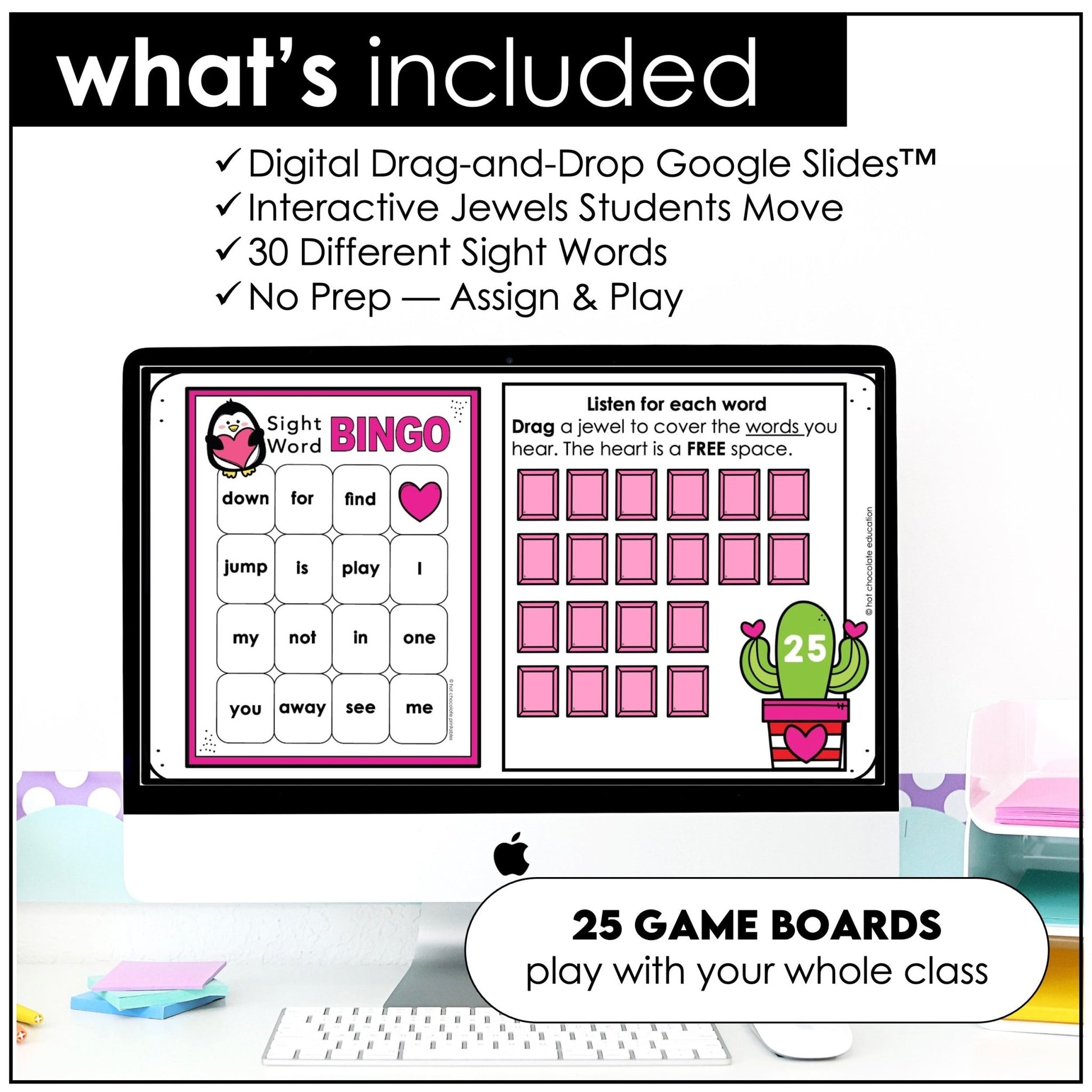 Valentine's Day Kindergarten Sight Word Bingo Game | Print & Google Slides™ - Hot Chocolate Teachables