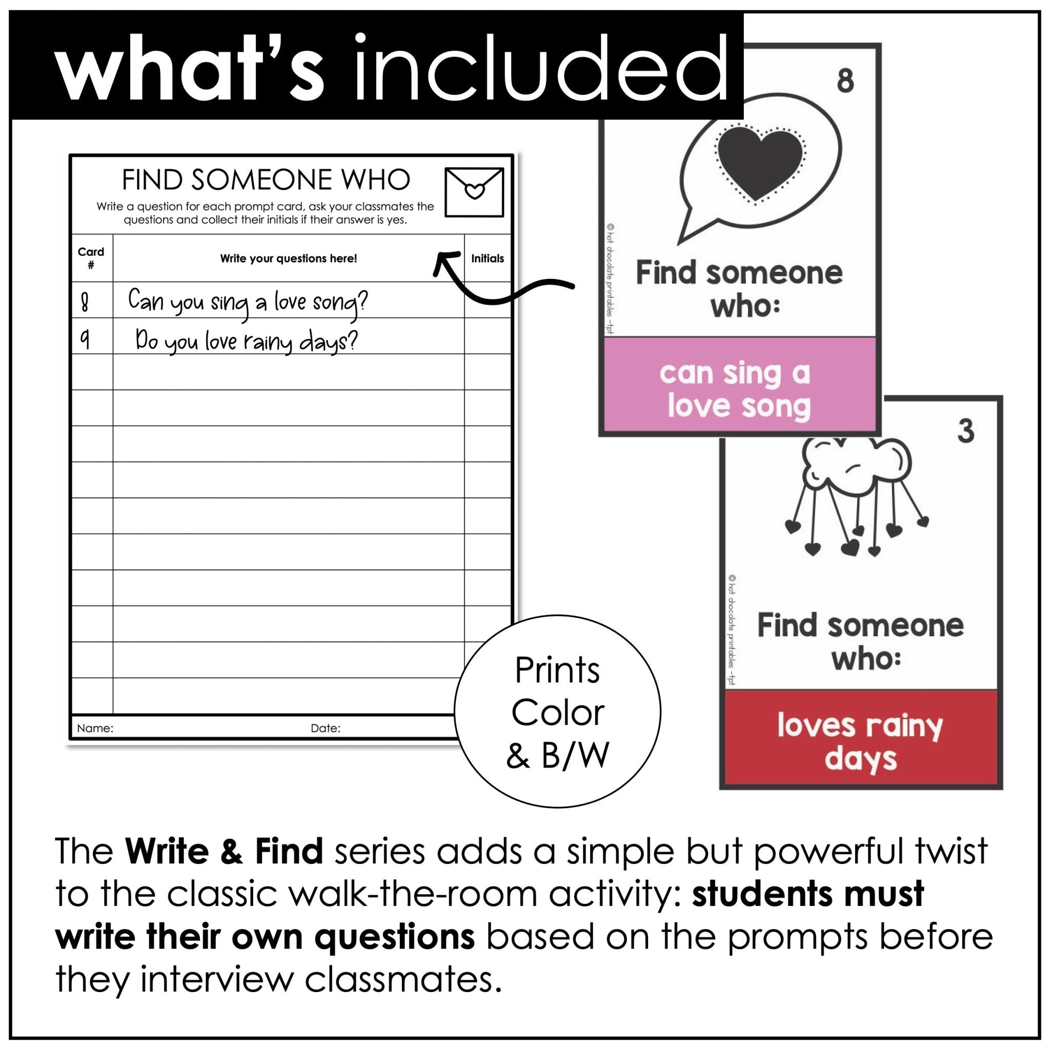 Valentine's Day Speaking Activity - Present & Past Simple Find Someone Who - Hot Chocolate Teachables