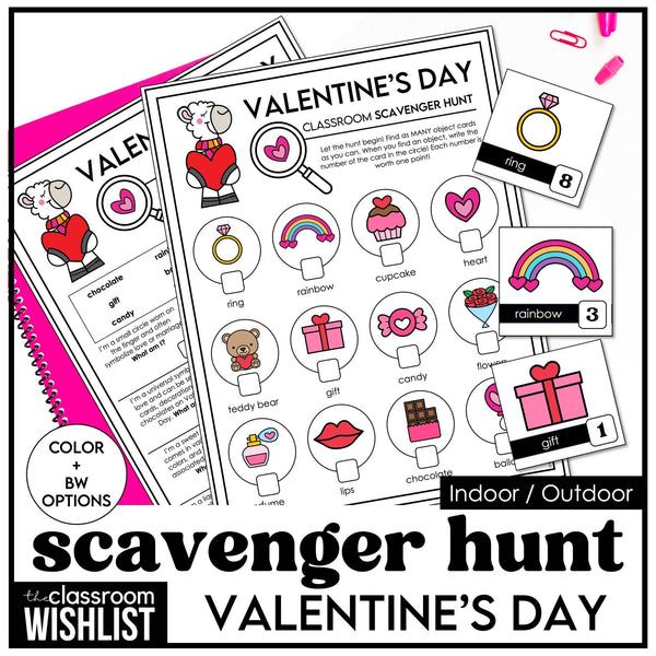 Valentine's Day Vocabulary Scavenger Hunt - Classroom Party Game with Clues - Hot Chocolate Teachables