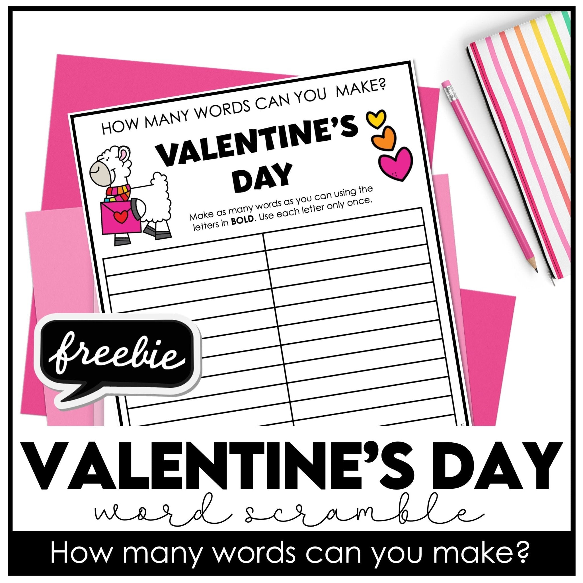 Valentine's Day Word Scramble Freebie! How many words can you make? - Hot Chocolate Teachables