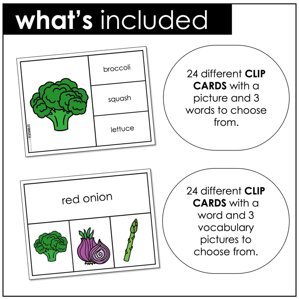 Vegetable Vocabulary CLIP CARD activity task cards for ELL - ESL - EFL - Hot Chocolate Teachables