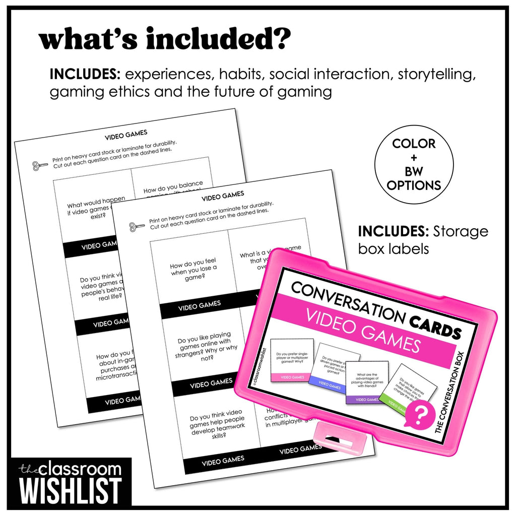 Video Games Conversation Cards | 60 ESL Question Prompts | Middle & High School - Hot Chocolate Teachables