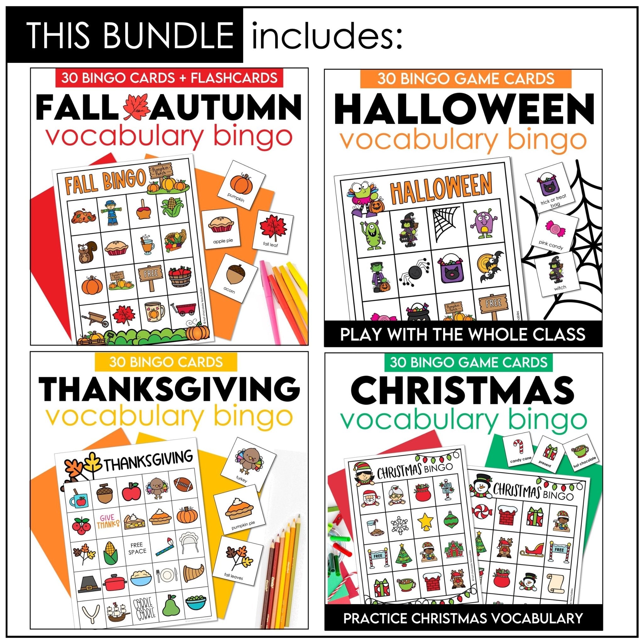 Vocabulary Bingo Game BUNDLE: Spring Summer Fall Winter - Seasonal Vocabulary - Hot Chocolate Teachables