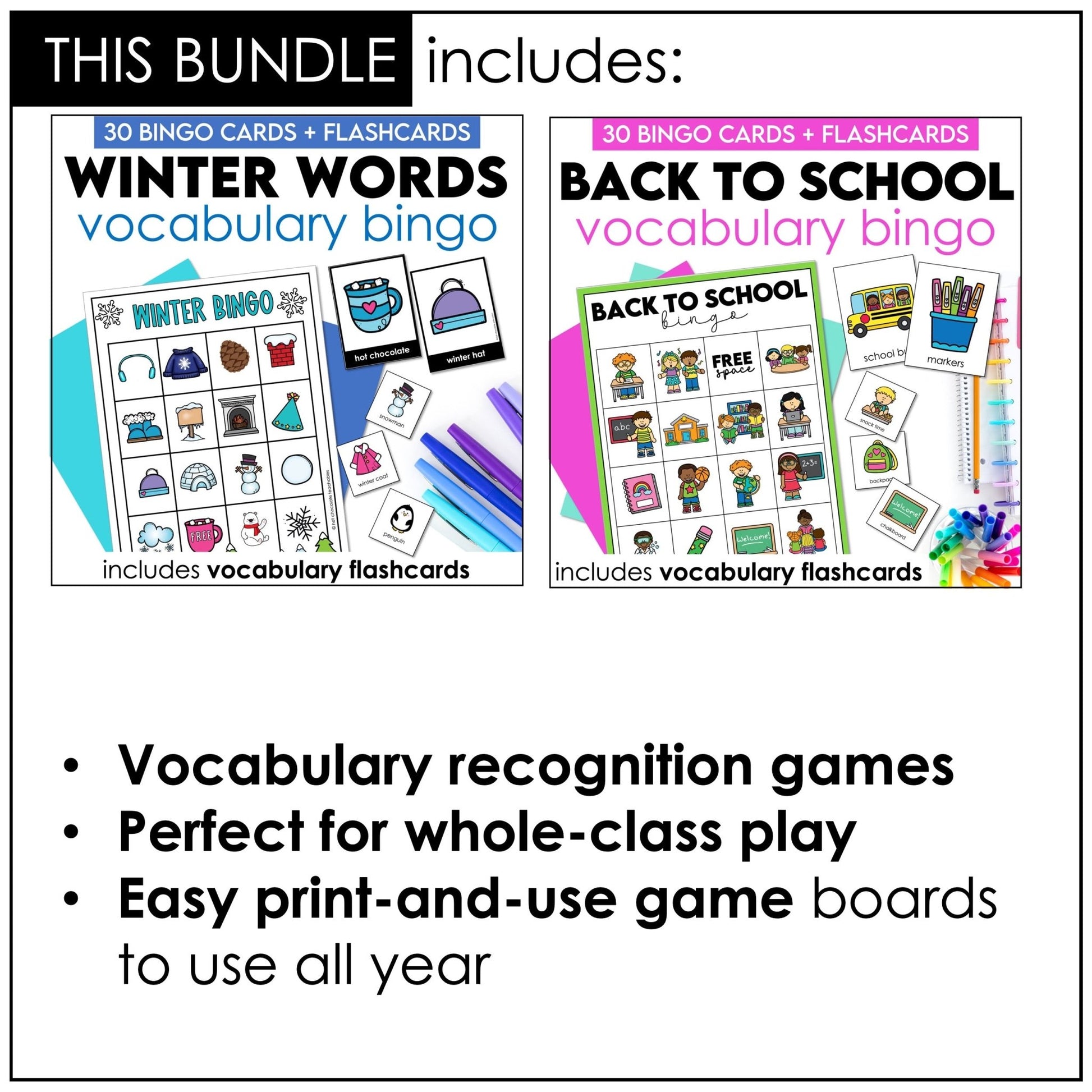Vocabulary Bingo Game BUNDLE: Spring Summer Fall Winter - Seasonal Vocabulary - Hot Chocolate Teachables
