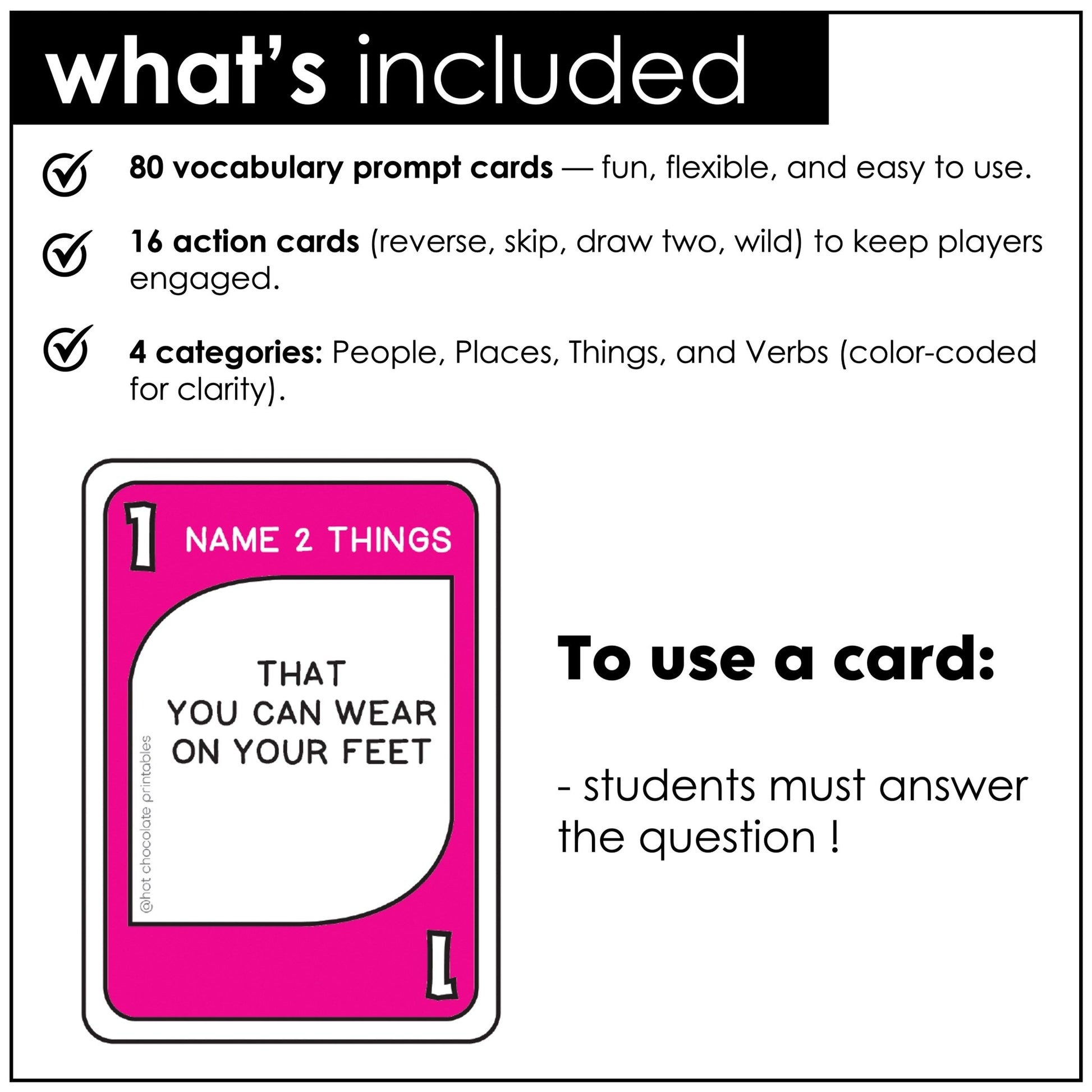 Vocabulary Building Card Game : Name Two People, Places, Things, Verbs - Hot Chocolate Teachables