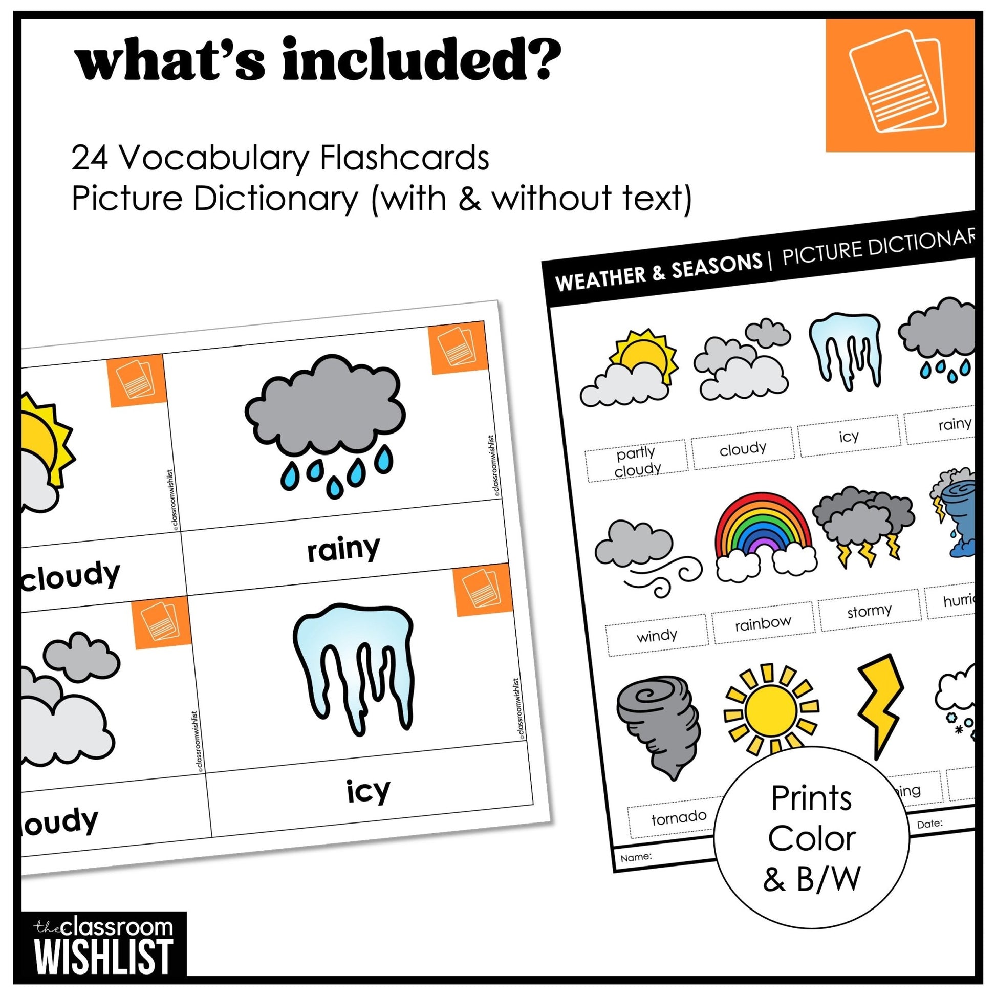 Weather & Seasons Bundle | Digital + Print Flash Cards & Picture Dictionary - Hot Chocolate Teachables
