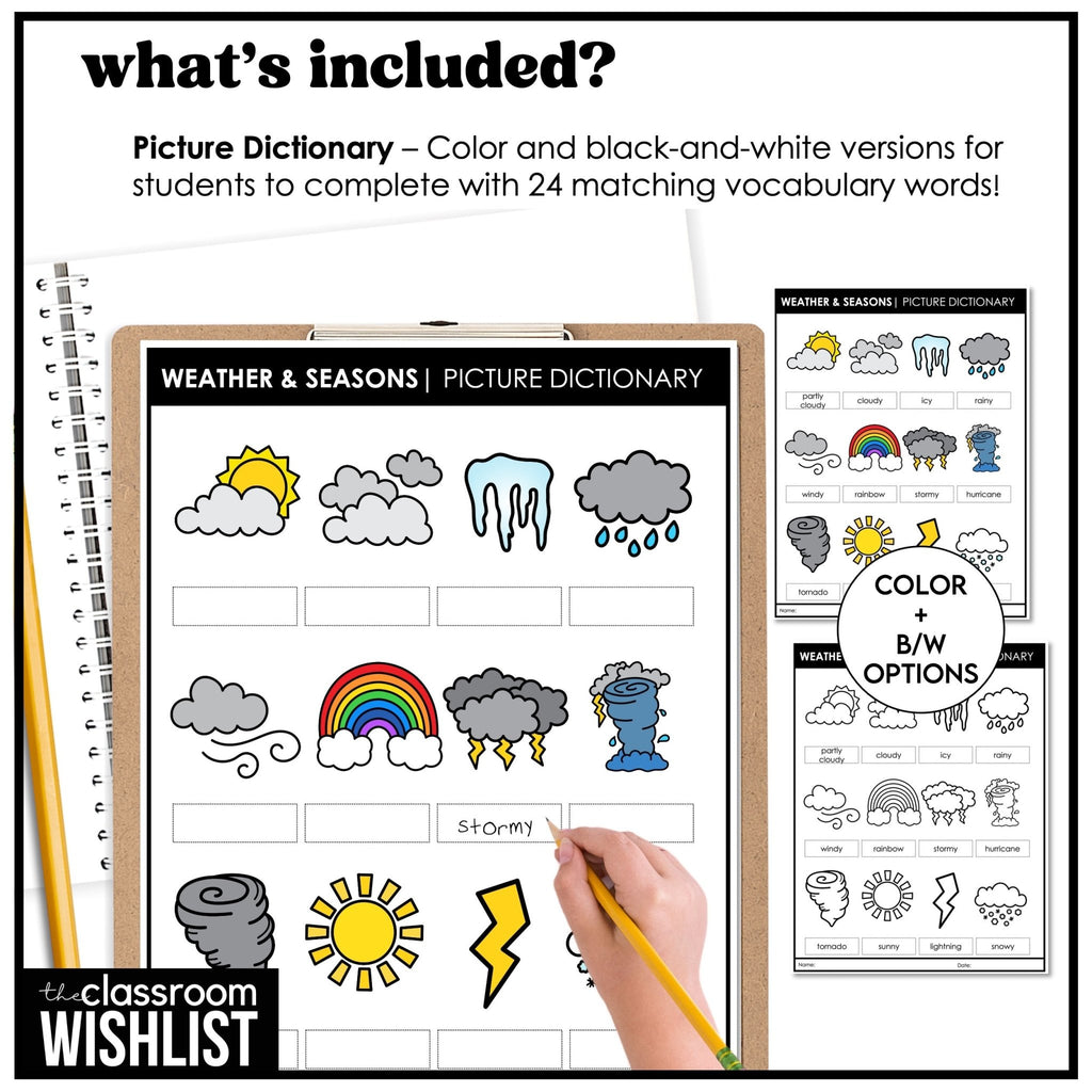 Weather & Seasons Digital Flash Cards & Vocabulary Picture Dictionary for ESL - Hot Chocolate Teachables