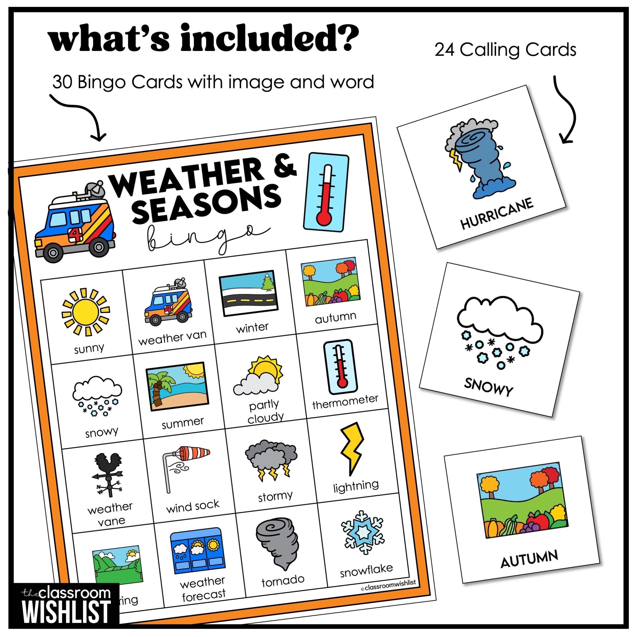Weather & Seasons Vocabulary Bingo | ESL, ELL, and ELA Classroom Game - Hot Chocolate Teachables