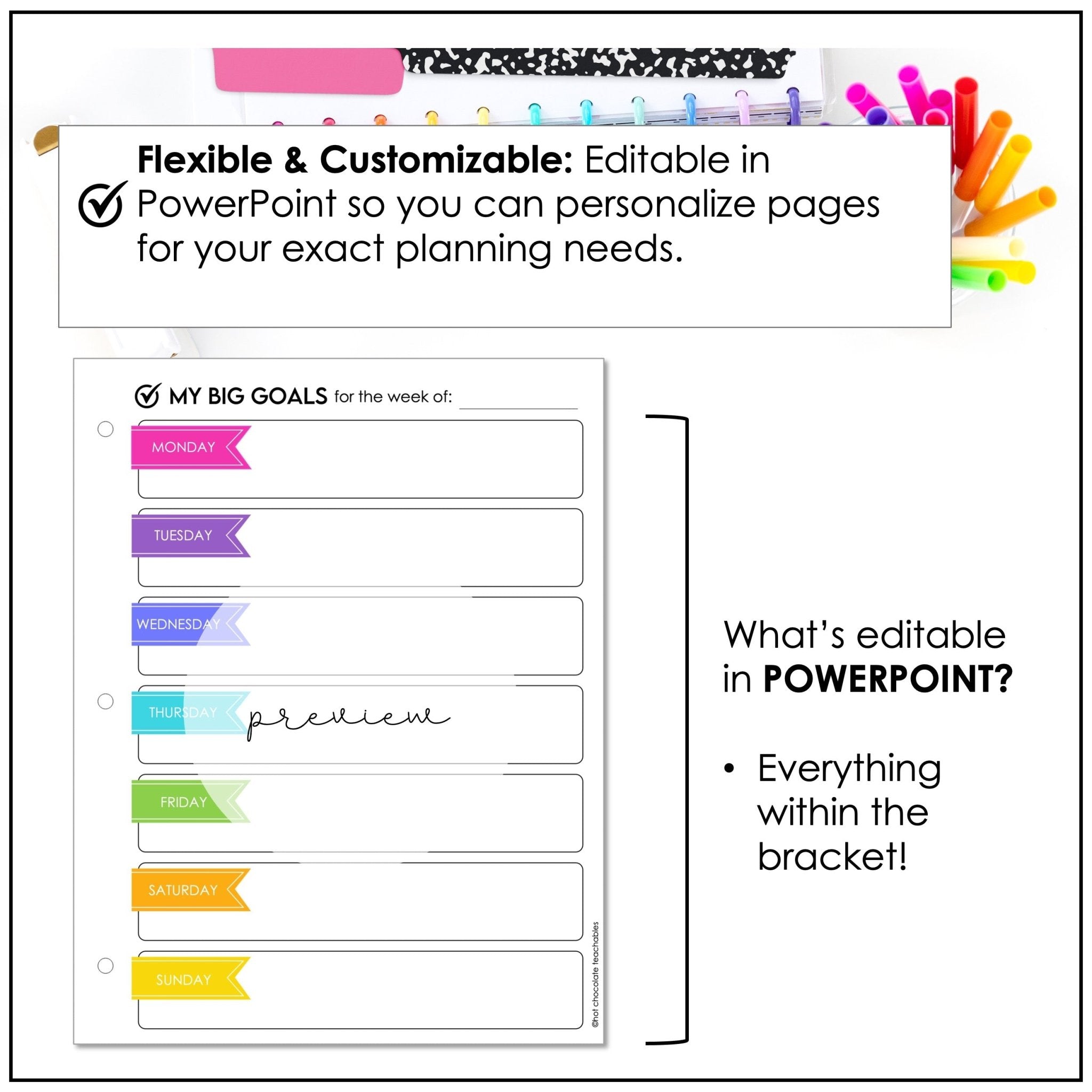 Weekly Planner, Menu, Goal Setting and Social Media Tracker Set - Editable - Hot Chocolate Teachables