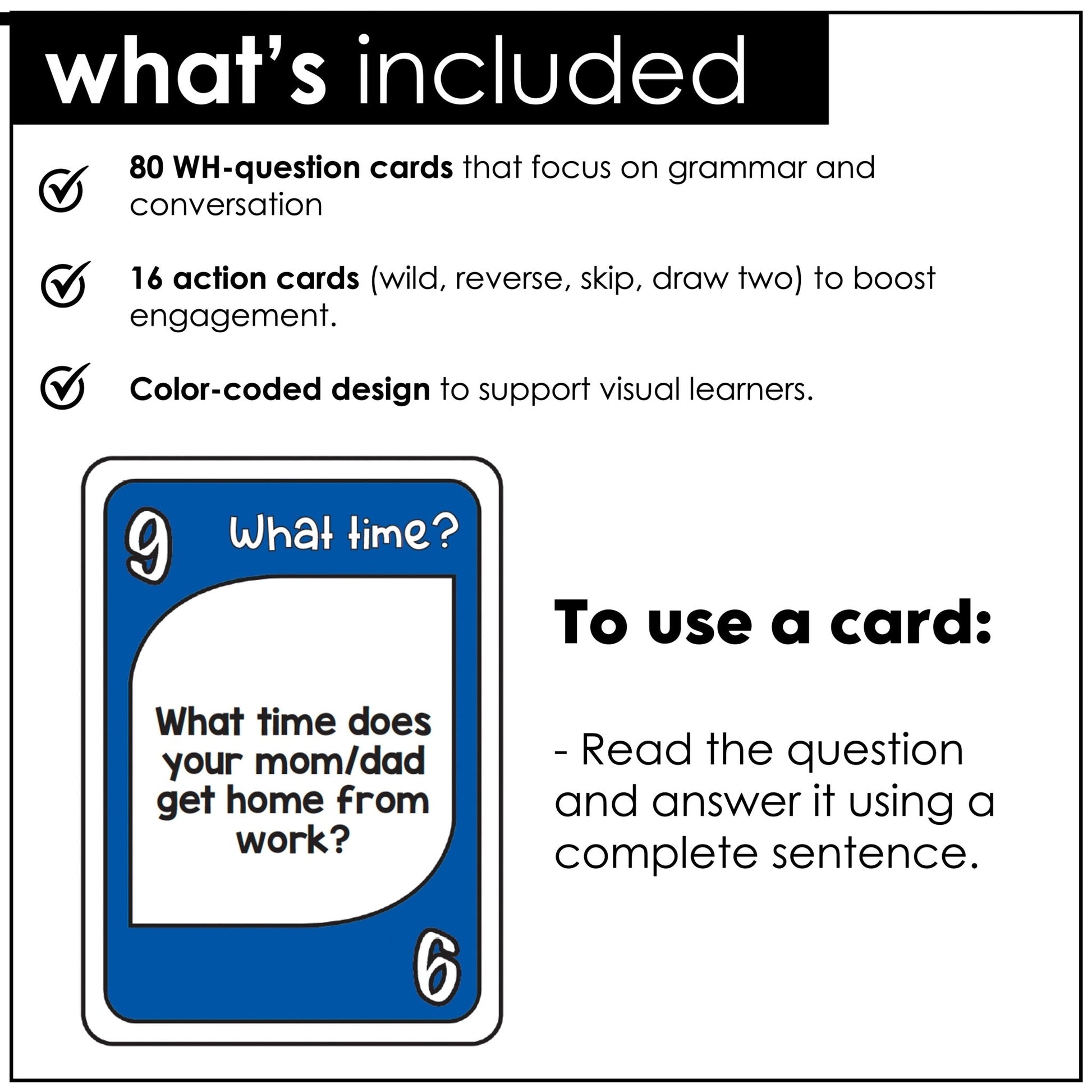 WH Question Card Game - How often, Who, What time? - Hot Chocolate Teachables
