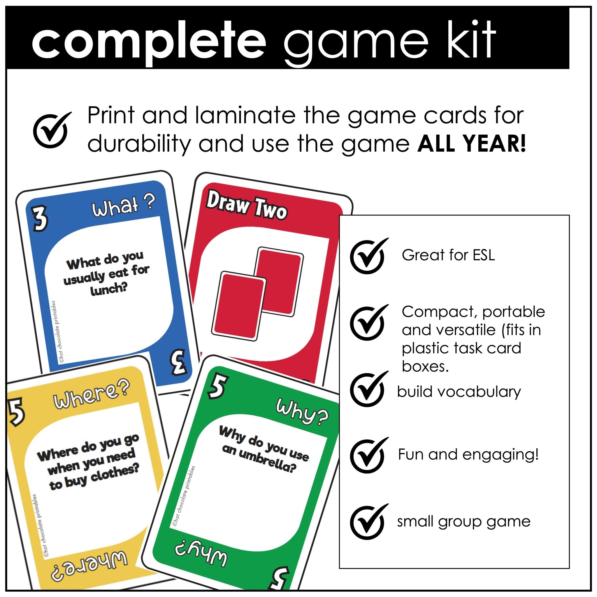 WH Question Card Game - What, When, Where & Why - Hot Chocolate Teachables