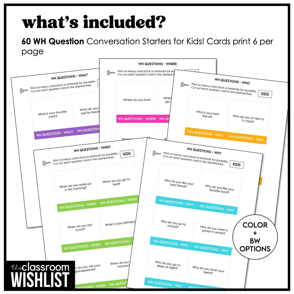 WH Question Conversation Starters | 60 WHAT, WHEN, WHY, WHO Prompts for Kids - Hot Chocolate Teachables