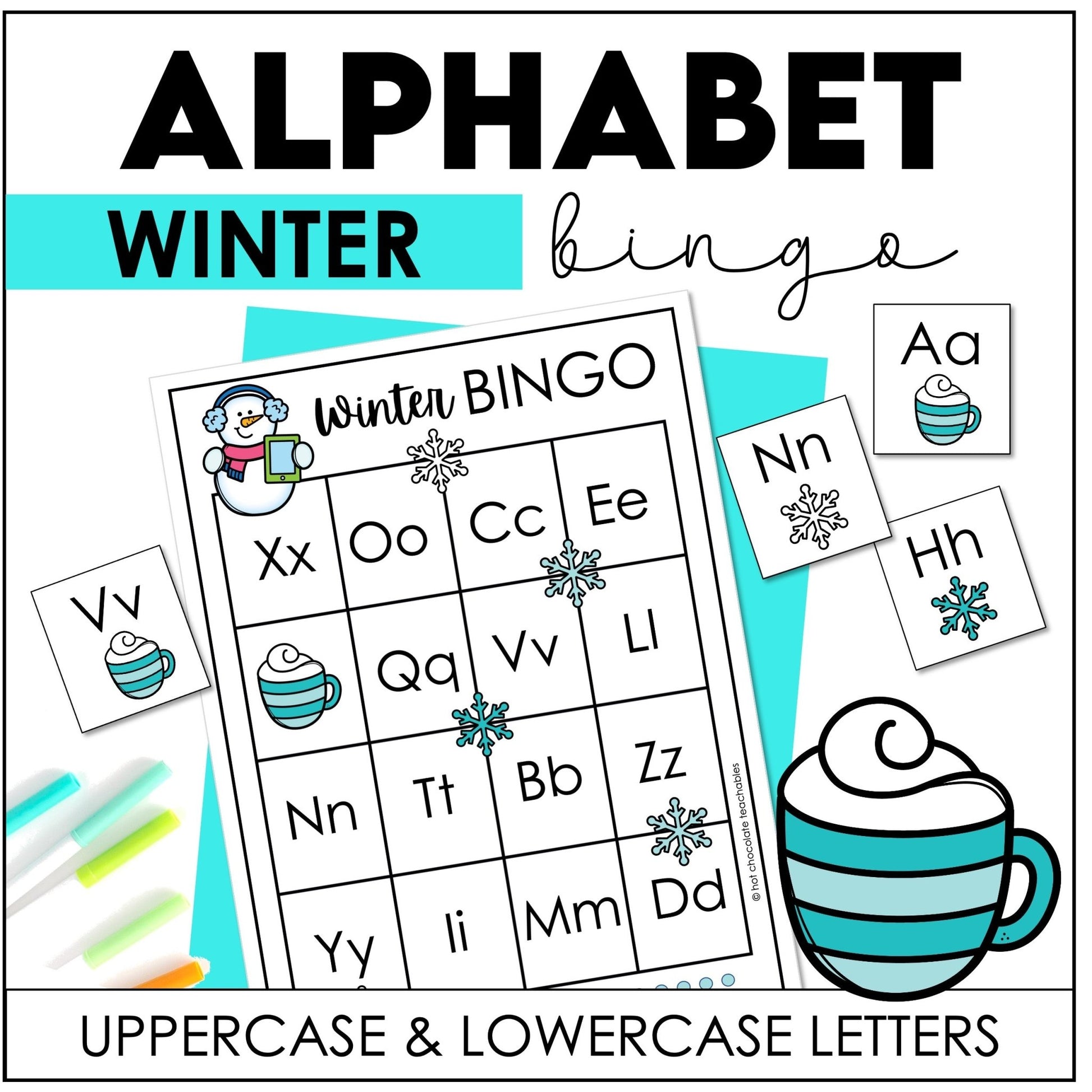 Winter Alphabet Fluency BINGO - Uppercase & Lowercase Letters - Hot Chocolate Teachables