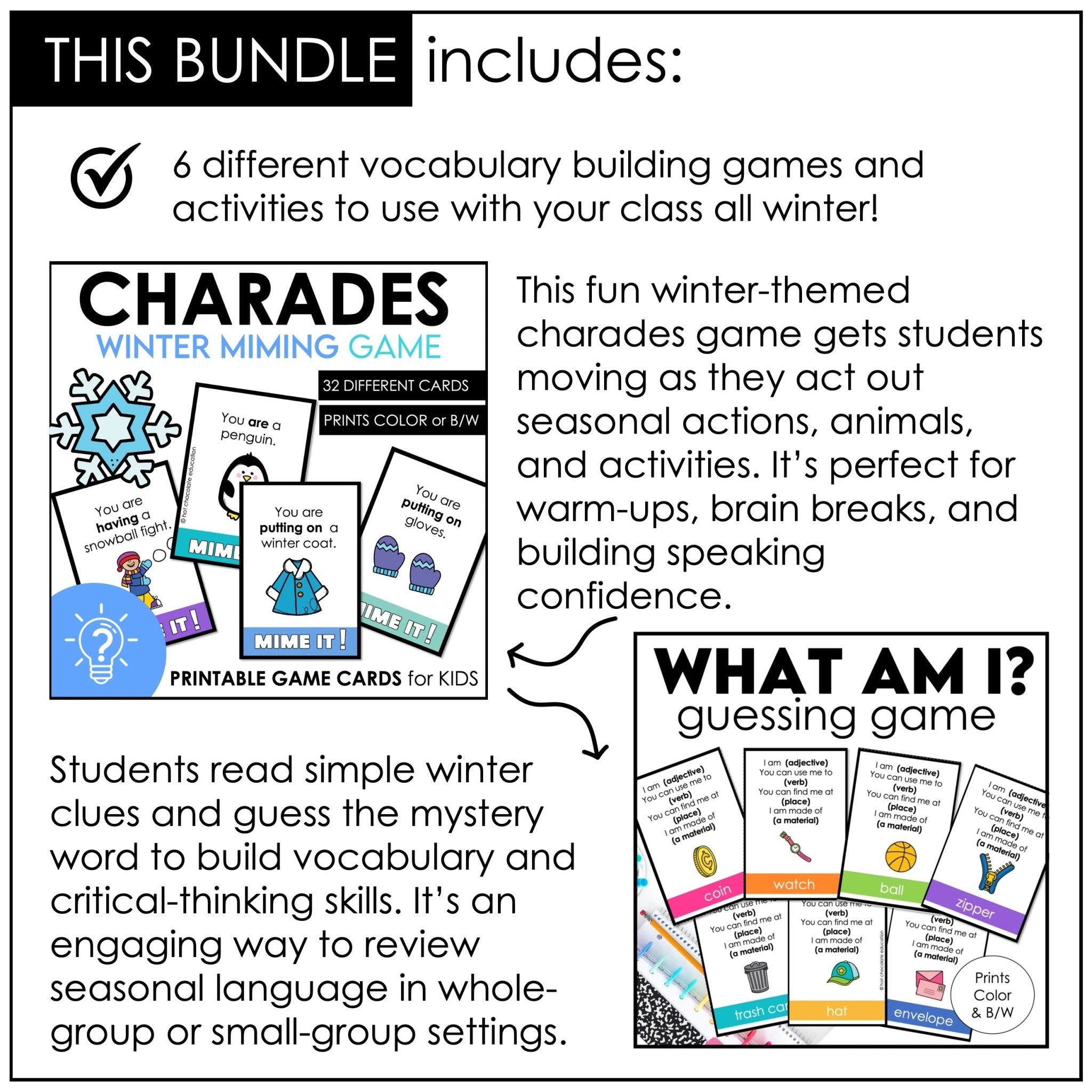 WINTER Games and Activity Bundle - Grammar & Vocabulary for ELL / ESL / EFL - Hot Chocolate Teachables