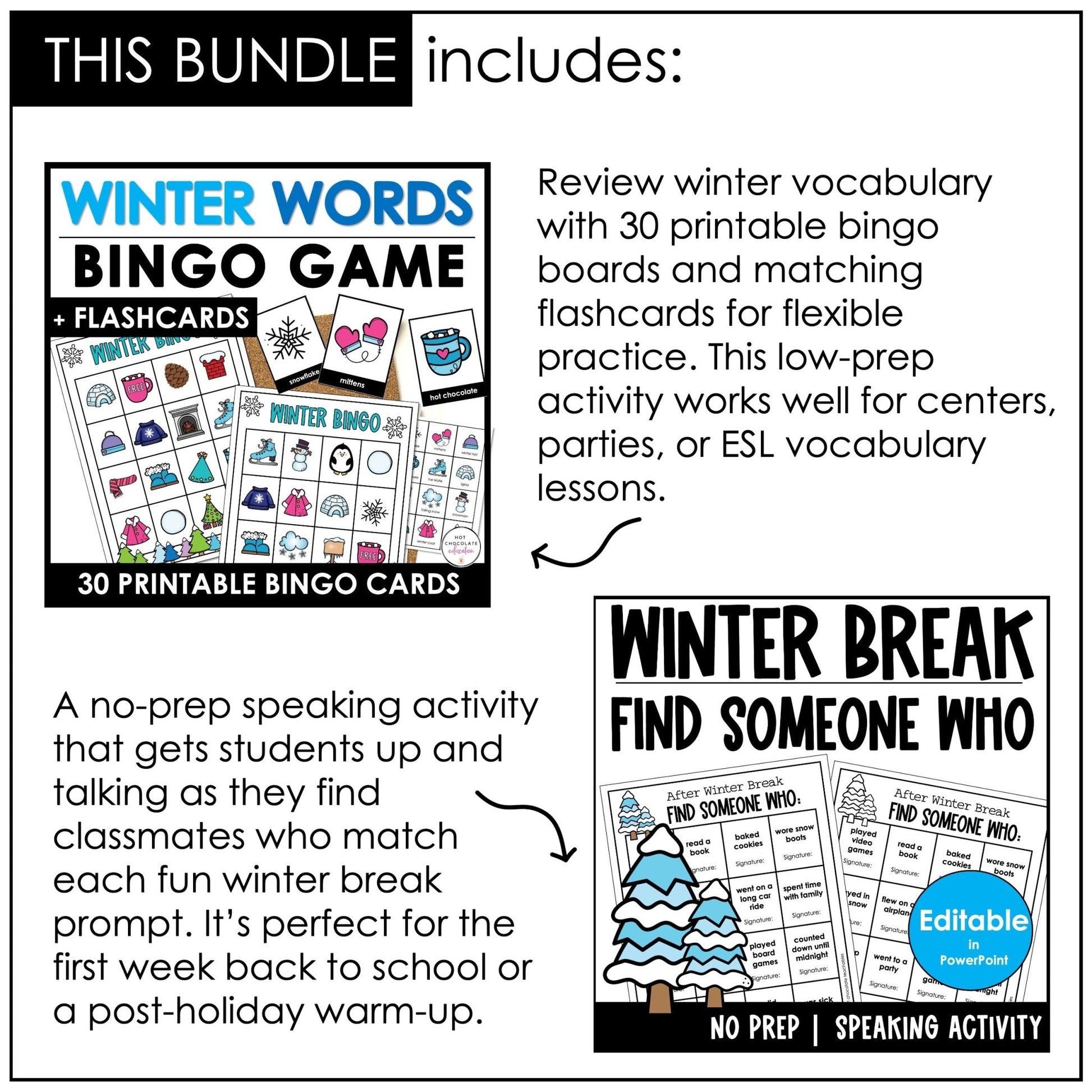 WINTER Games and Activity Bundle - Grammar & Vocabulary for ELL / ESL / EFL - Hot Chocolate Teachables