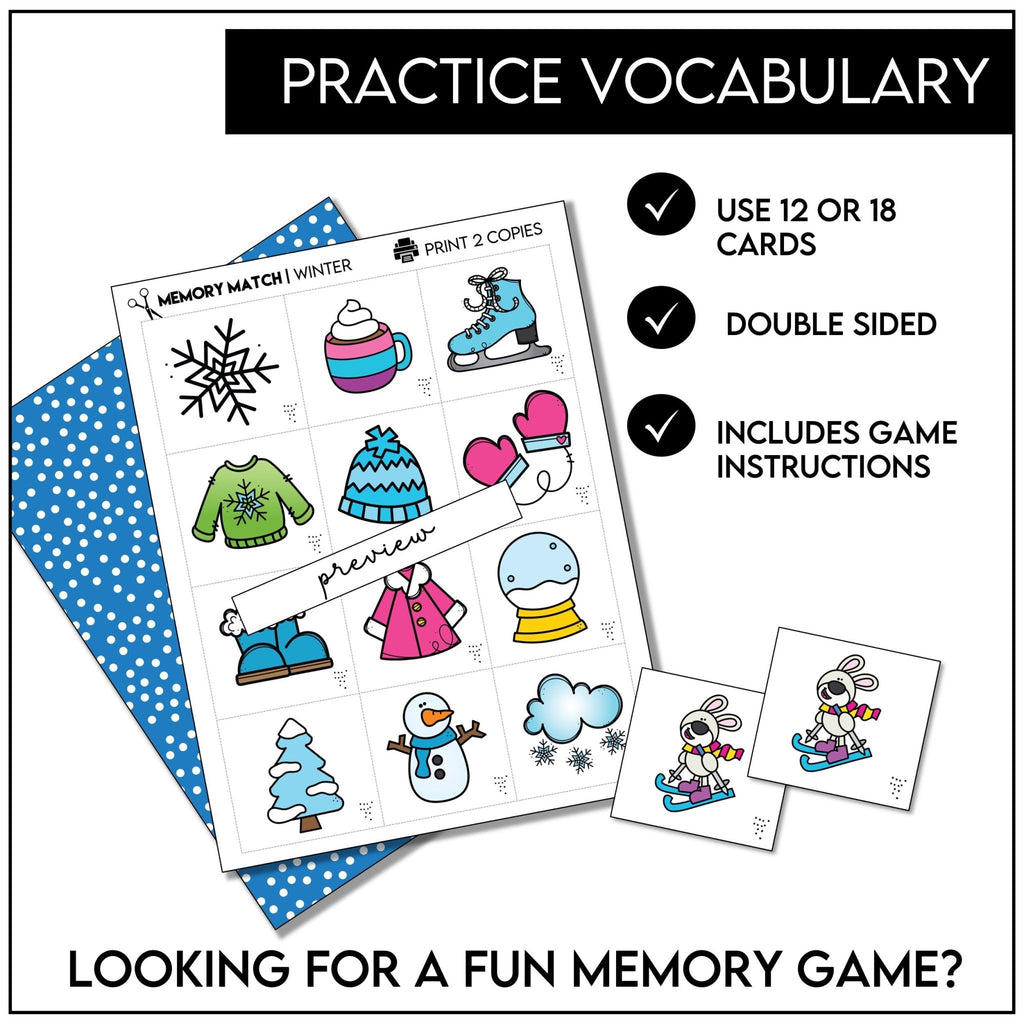 Winter Memory Game | Cold Weather Vocabulary Picture Match Cards - Hot Chocolate Teachables