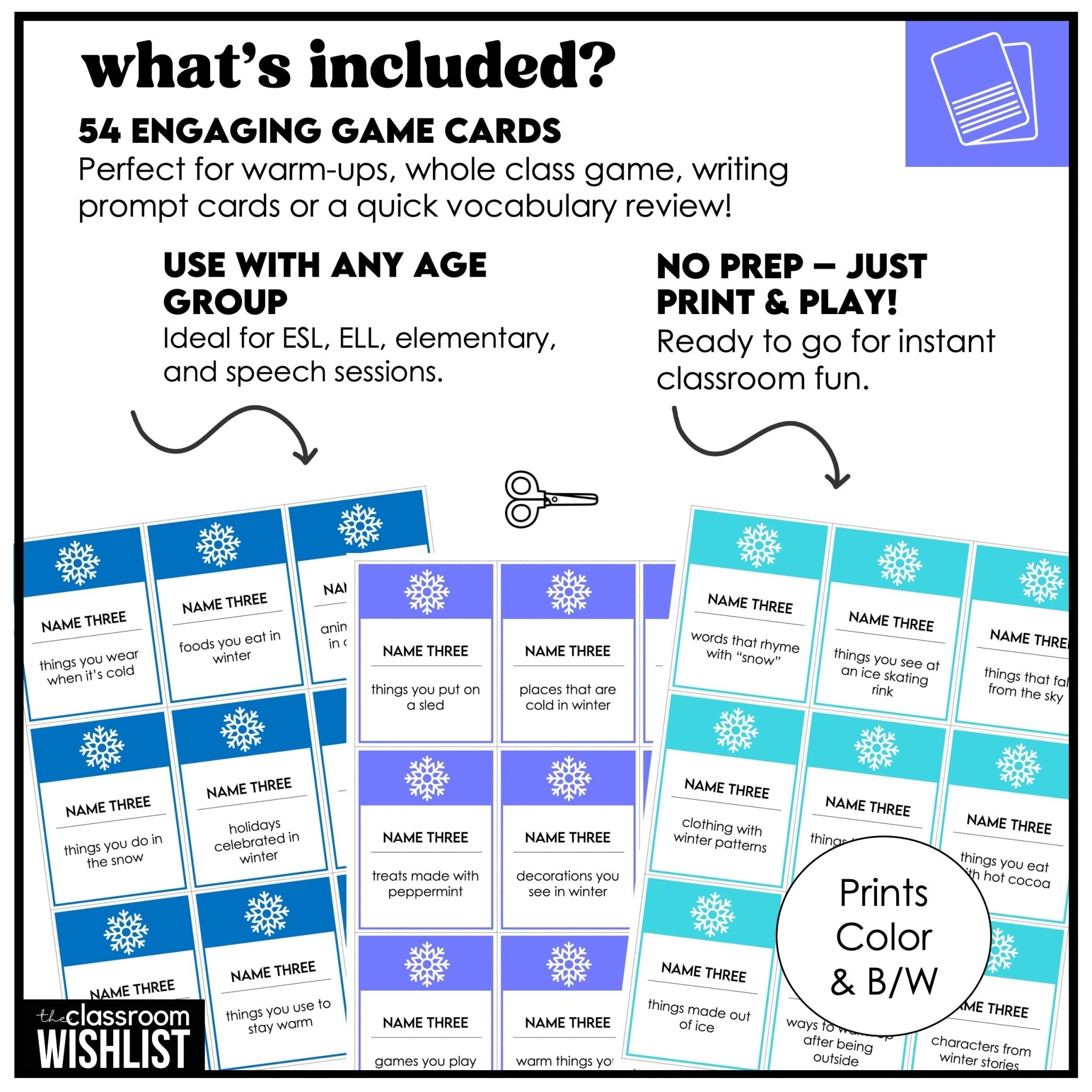 Winter Vocabulary Card Game for ESL | Name 3 Things | Speaking & Brainstorming Game - Hot Chocolate Teachables