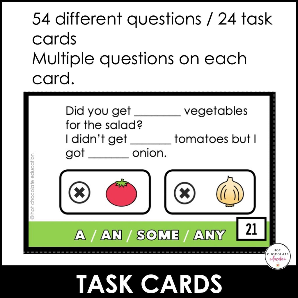 A, An, Some, Any: Practice Cards for Quantifiers Countable and Uncountable Nouns - Hot Chocolate Teachables