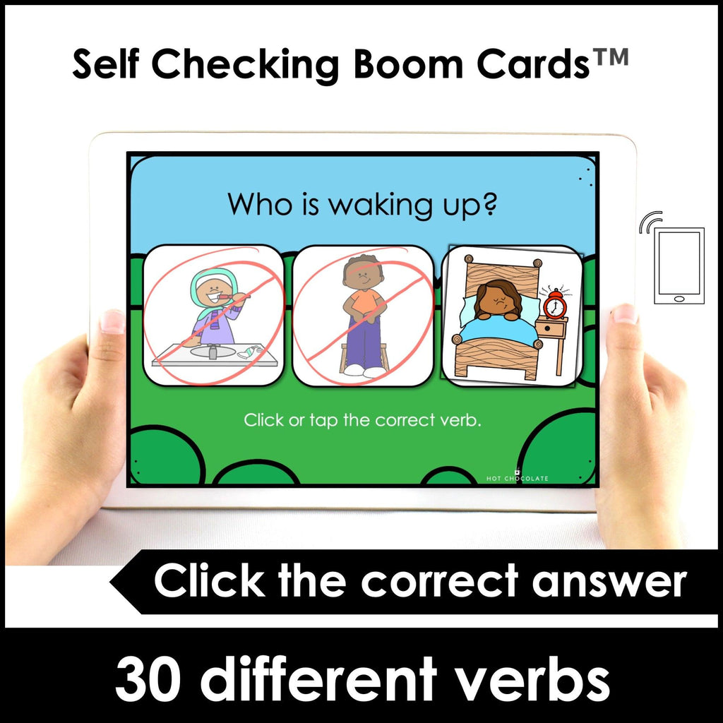 Action Verb Identification BOOM CARDS™ - Answering WHO questions - Hot Chocolate Teachables