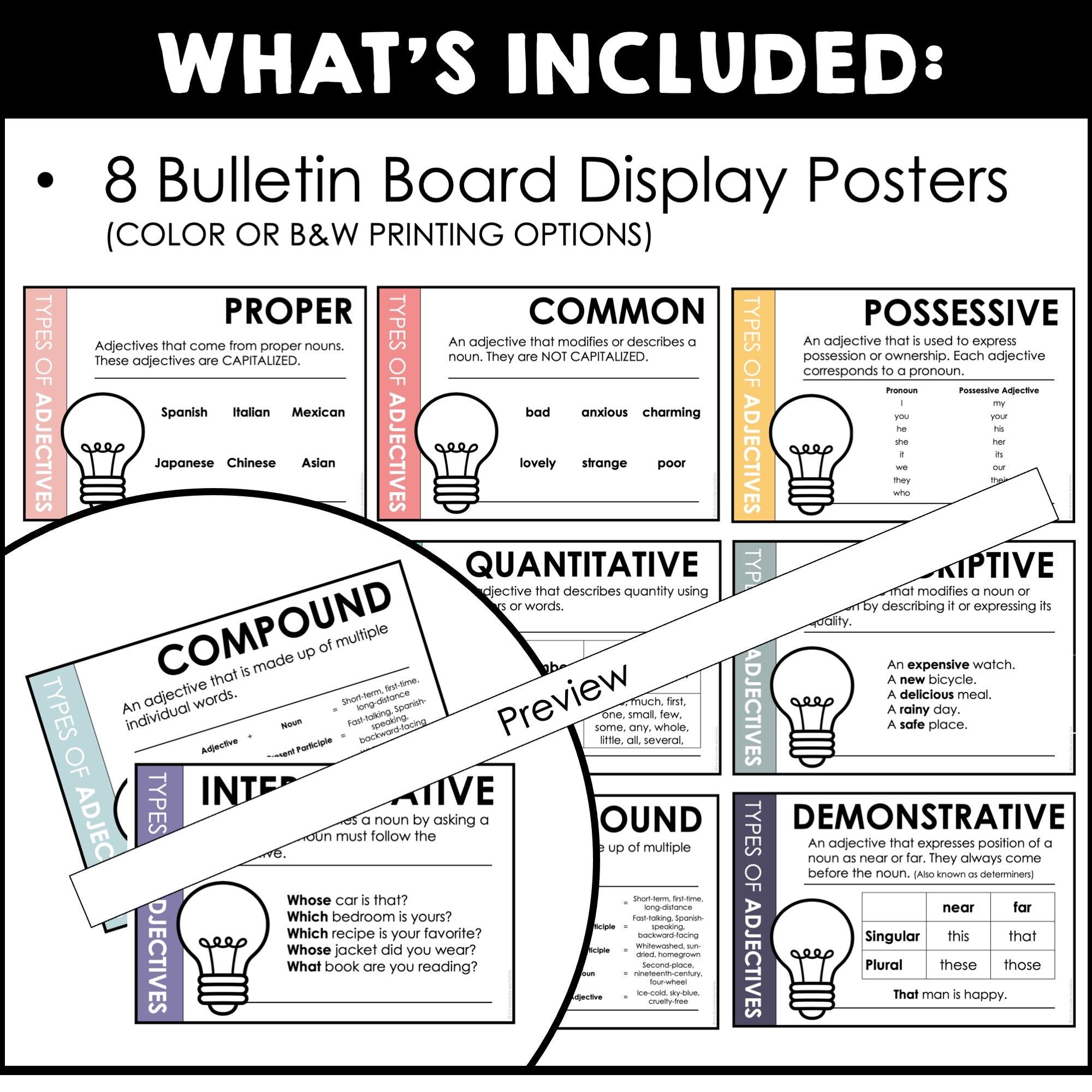 Adjective Types Bulletin Board Posters (Neutral) - Hot Chocolate Teachables