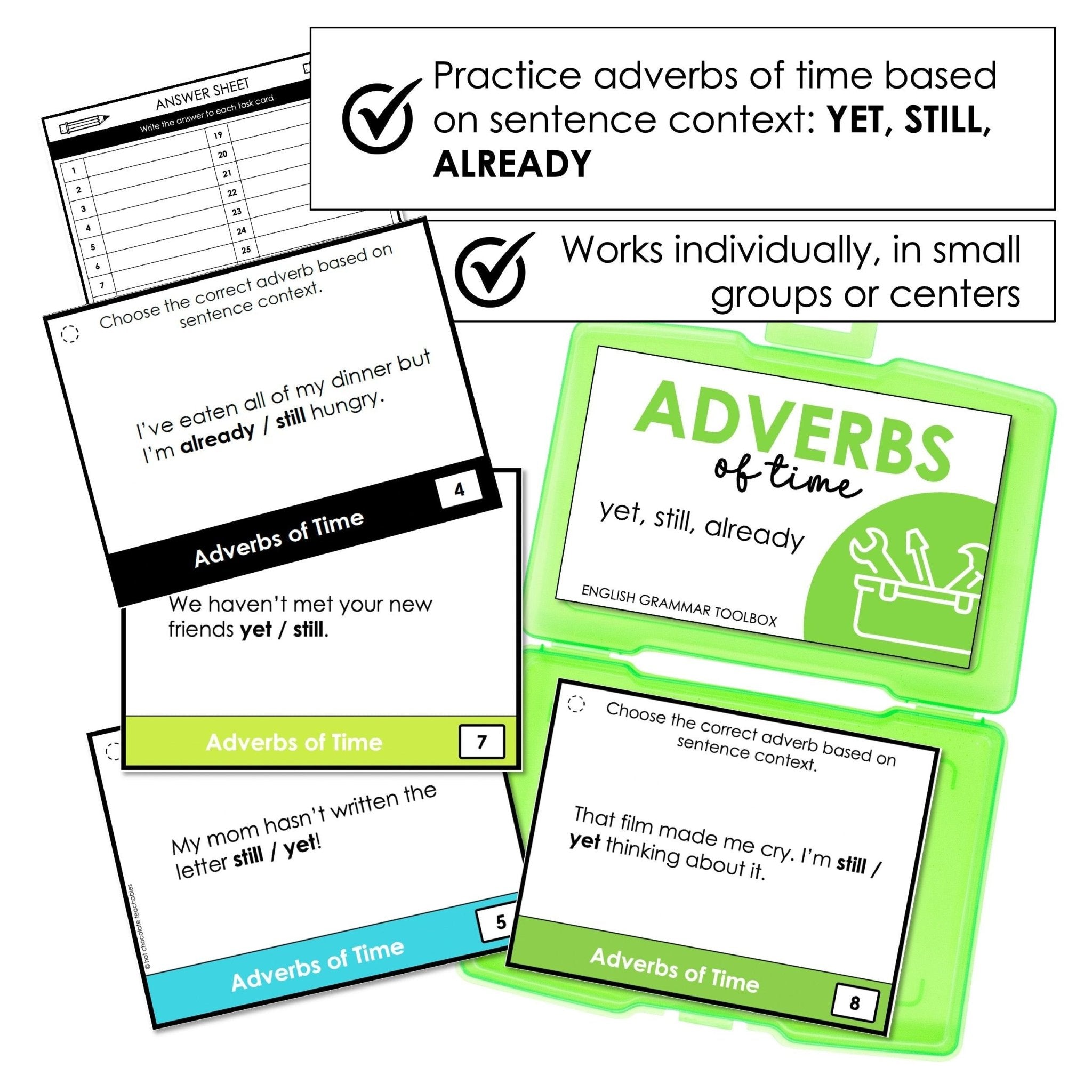 Adverbs of Time Task Cards | YET, STILL, ALREADY | Parts of Speech Task Cards - Hot Chocolate Teachables