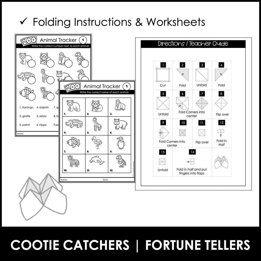 Animal Vocabulary Cootie Catcher Activity - Fortune Tellers & Worksheets - Hot Chocolate Teachables