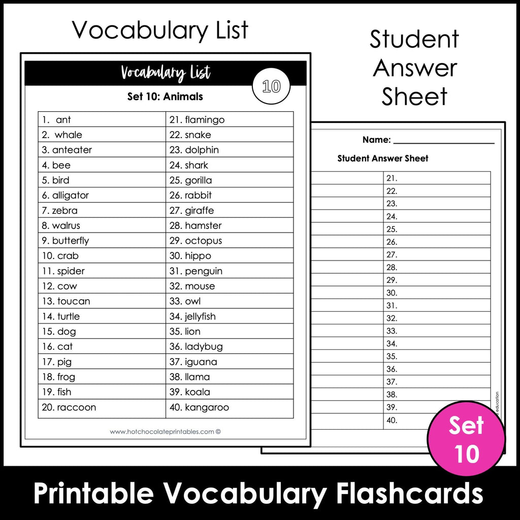 Animal Vocabulary Flash cards | ESL Task Cards - Zoo, Pets, Insects, Marine - Hot Chocolate Teachables