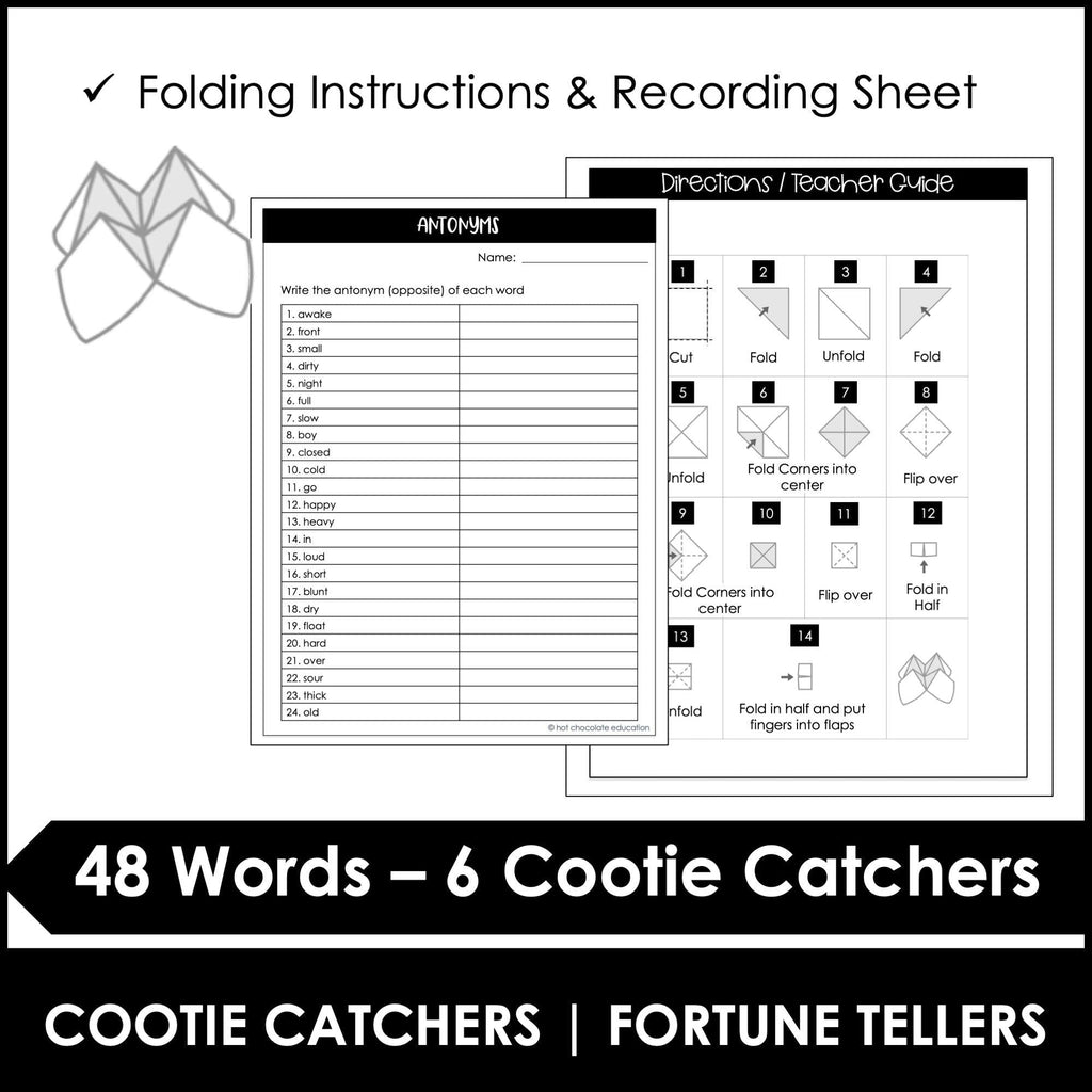 Antonyms Activity : What's the Opposite? Cootie Catcher - Fortune Tellers - Hot Chocolate Teachables