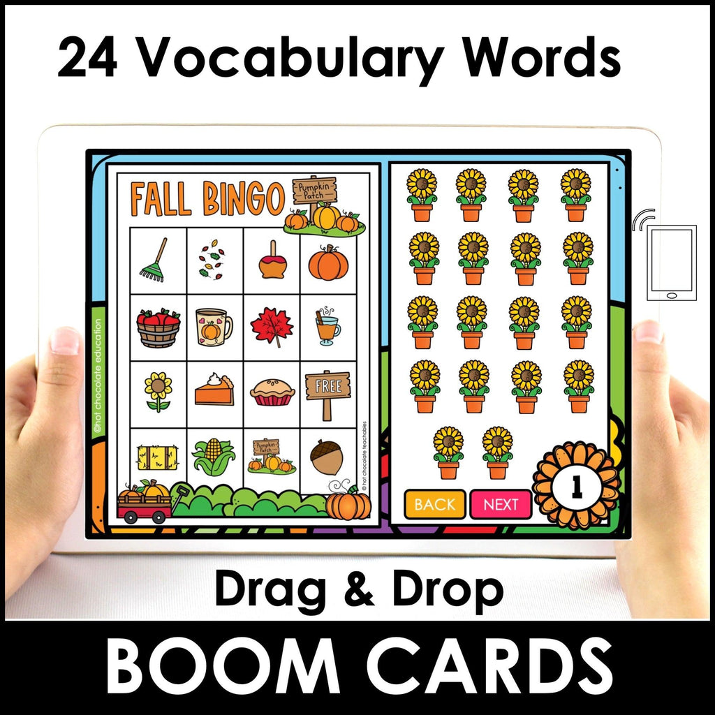 AUTUMN / FALL BINGO Game - Vocabulary Building - Boom Cards™ - Hot Chocolate Teachables