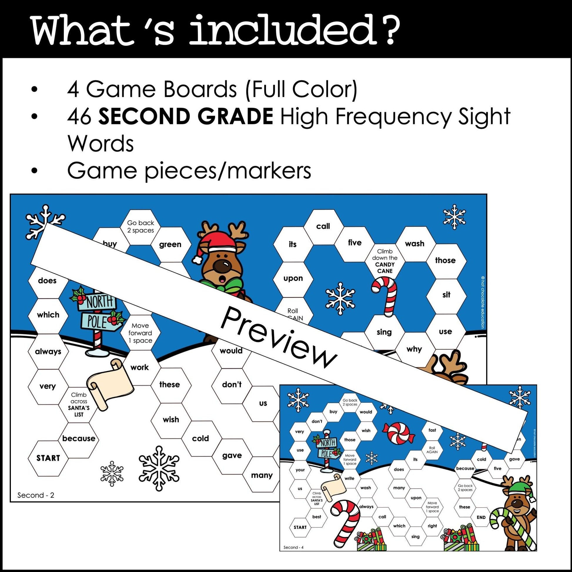 CHRISTMAS 2nd GRADE Sight Word Board Games - Dolch Aligned Words - Hot Chocolate Teachables