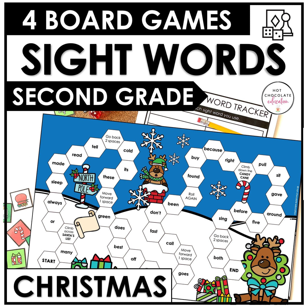 CHRISTMAS 2nd GRADE Sight Word Board Games - Dolch Aligned Words - Hot Chocolate Teachables