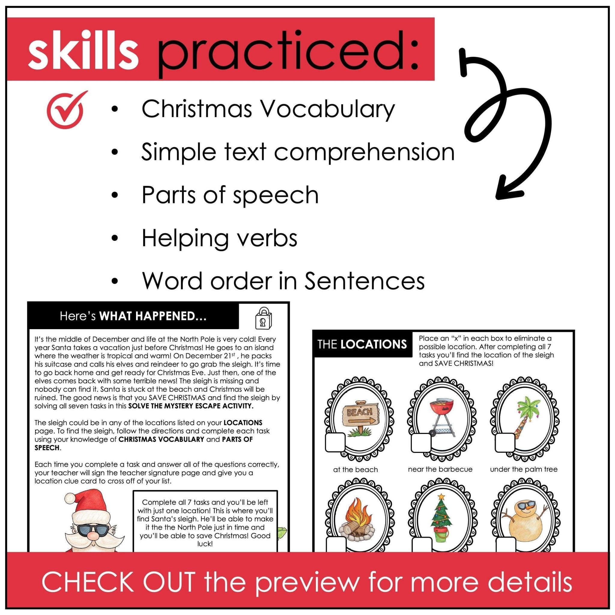 Christmas Escape Room - Vocabulary - Comprehension - Parts of Speech - ELL / ESL - Hot Chocolate Teachables