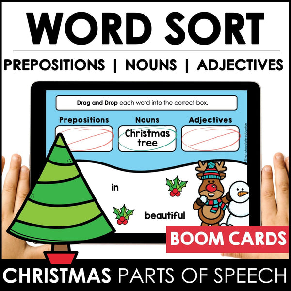 Christmas Parts of Speech Sort | Nouns - Adjectives - Prepositions Boom Cards - Hot Chocolate Teachables