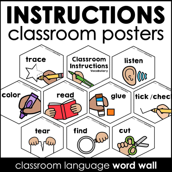 Classroom Instructions Posters ESL vocabulary word wall for bulletin boards - Hot Chocolate Teachables