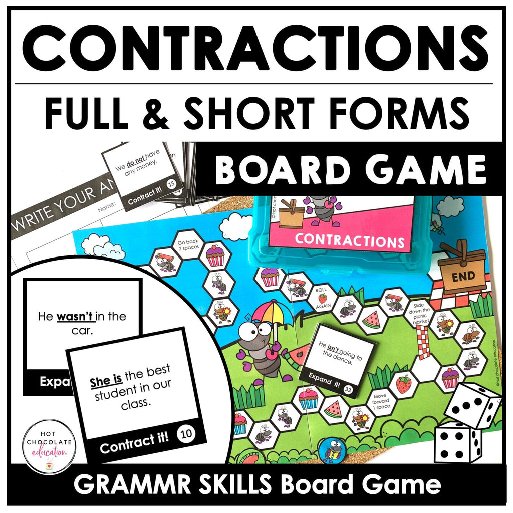 Contractions : Grammar Board Game - Combining Two Words | Short & Long Forms - Hot Chocolate Teachables