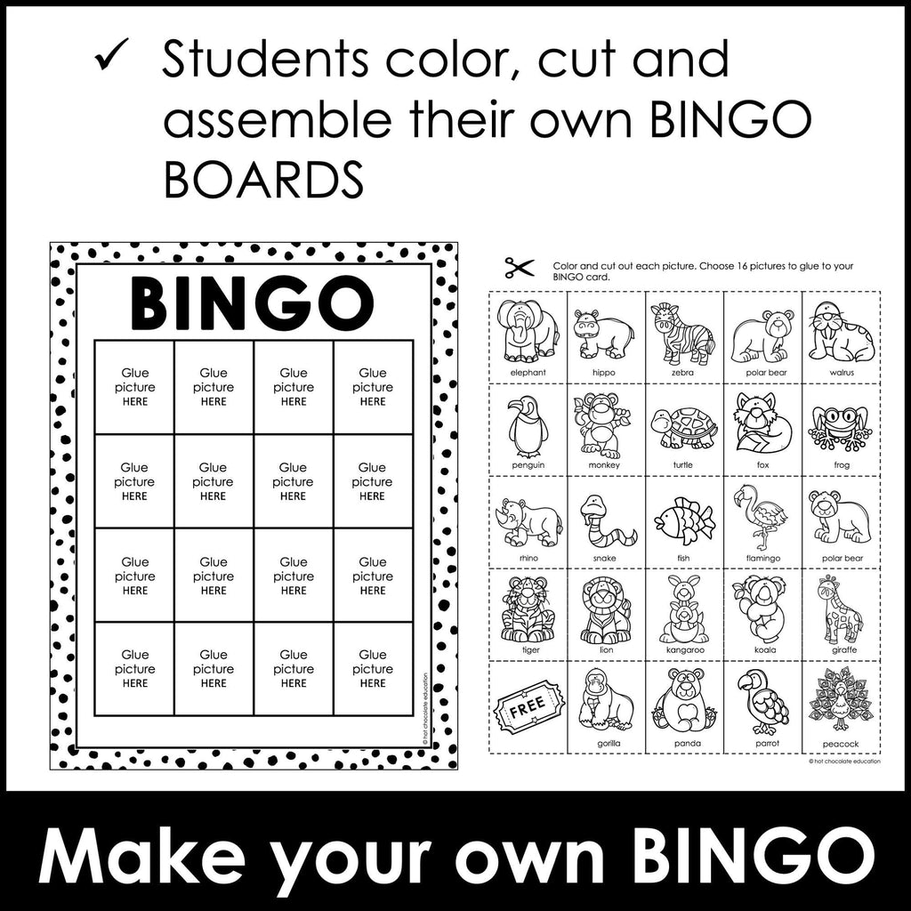 Create your own ANIMAL BINGO BOARD - Vocabulary Game - Hot Chocolate Teachables