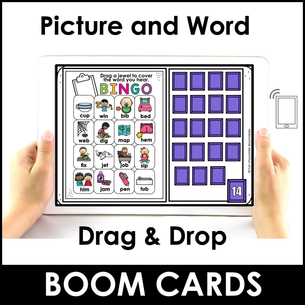 CVC Word Fluency for ESL Digital Bingo Game - Boom Cards™ Short Vowels - Hot Chocolate Teachables