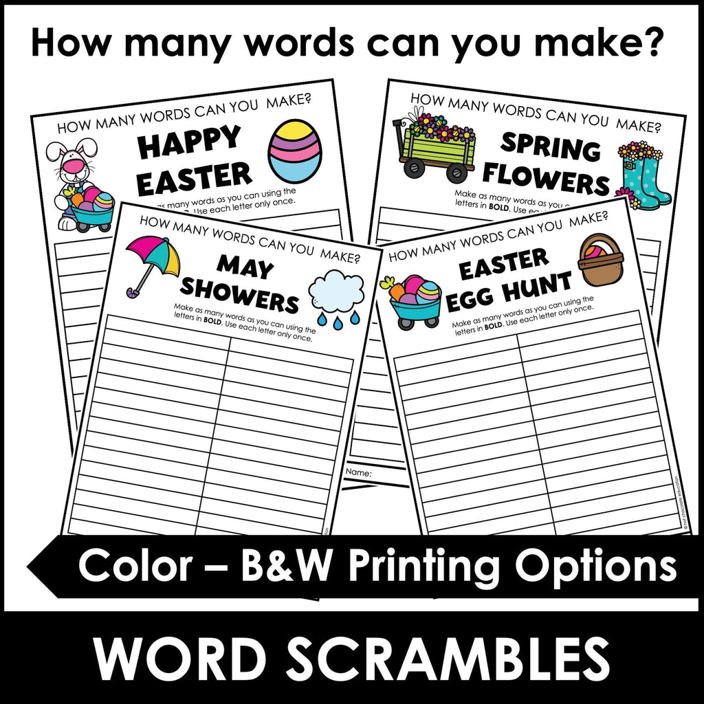 Easter & Spring Word Scramble Worksheet {Freebie} How many words can you make? - Hot Chocolate Teachables