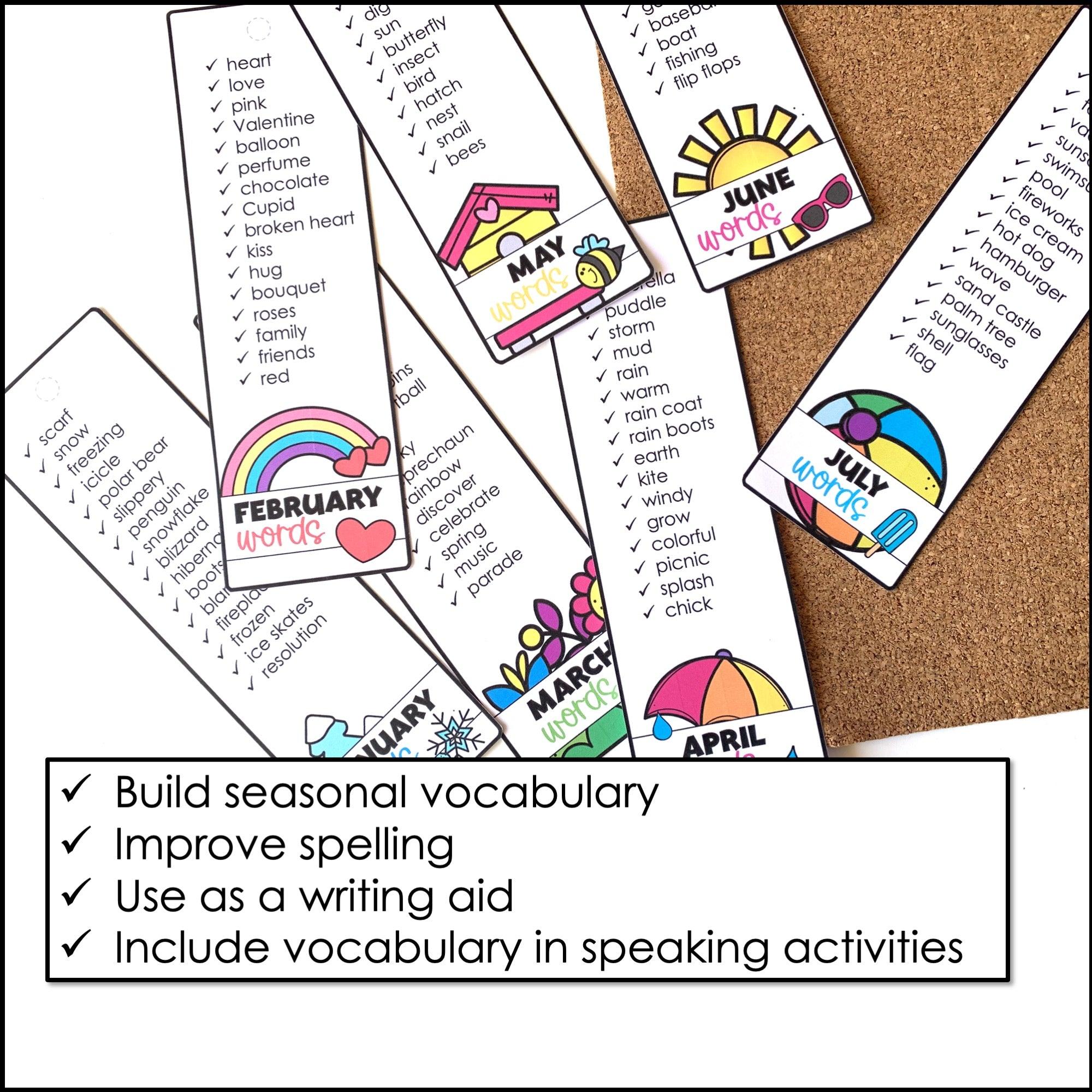Editable Monthly Vocabulary Bookmarks - Seasonal Word Lists for ELL / ESL / EFL - Hot Chocolate Teachables