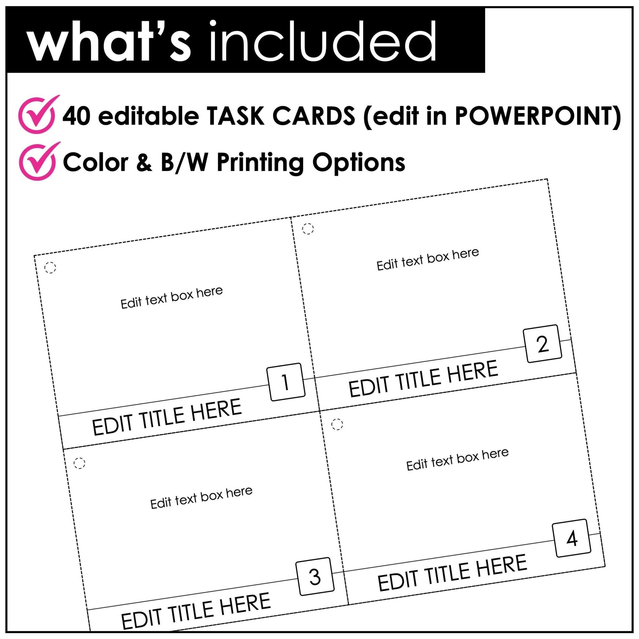 Editable Task Card PowerPoint Templates - Color - B&W Options - For ANY Subject - Hot Chocolate Teachables