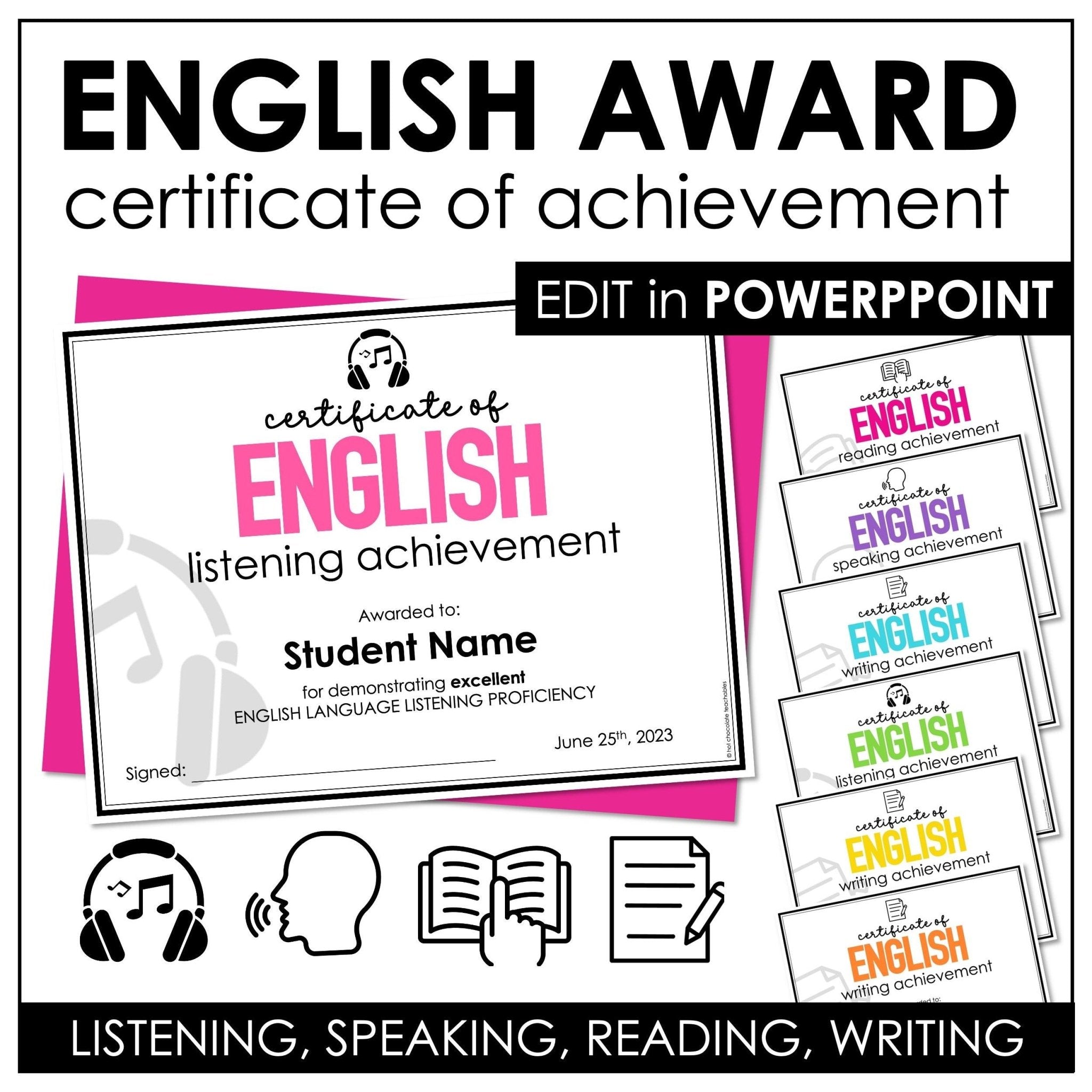 English End of Year Certificates - Speaking, Writing, Listening, Reading | ESL - Hot Chocolate Teachables