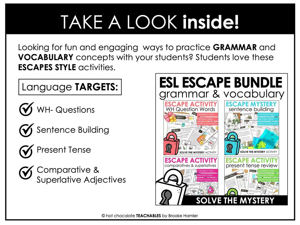 Escape Room Bundle ESL - WH Questions, Present Tense Verbs, Sentence Building - Hot Chocolate Teachables