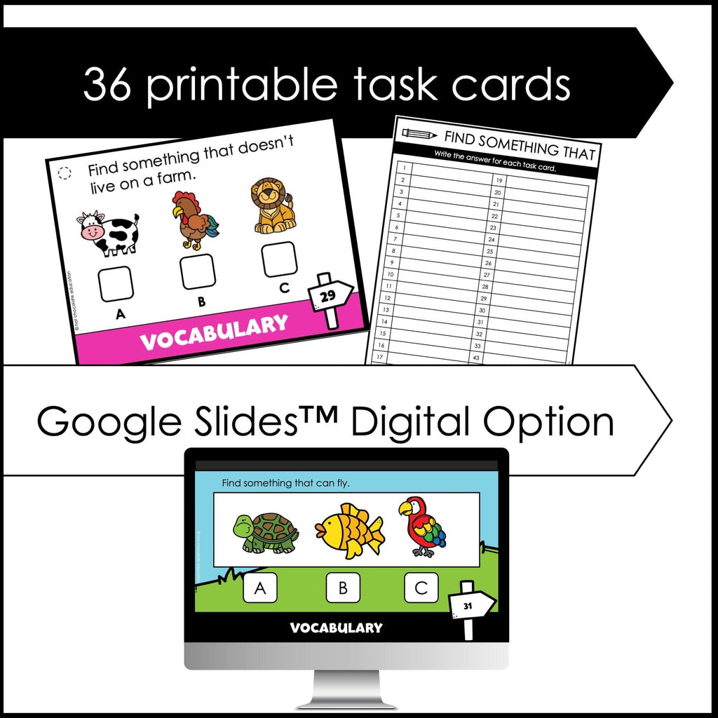 ESL Basic Vocabulary Task Cards: Animals, Food, Clothing, Objects & School - Hot Chocolate Teachables