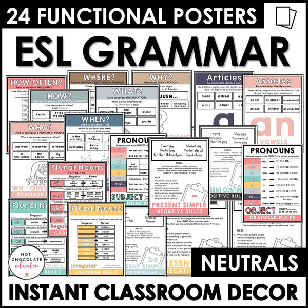 ESL Grammar Posters: Functional Classroom Decor Visuals - BOHO Neutral - Hot Chocolate Teachables